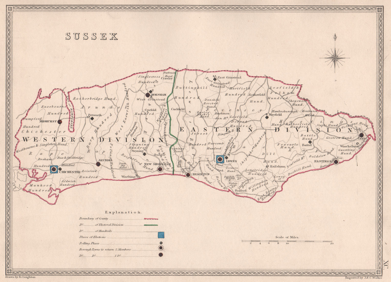 SUSSEX antique county map by CREIGHTON/WALKER. Electoral 1835 old